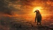Penguin on a scorching earth, global warming crisis, wandering in heat, earth on fire, urgent and powerful