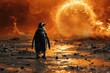 Penguin wandering in a warming world, hot earth on fire backdrop, global warming theme, stark and impactful