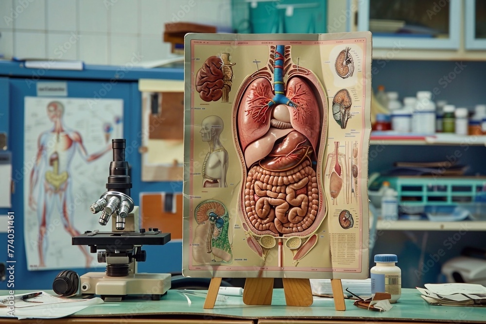Anatomical poster with vessels of the human body. The poster is placed ...