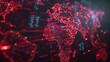 Global network, A high-resolution digital image of a world map with glowing red data connections and geographical outlines symbolizing global networks, technology