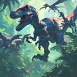 Captivating Dinosaur Thrills: A Pack of Velociraptors Stealthily Navigating a Lush Jungle Landscape