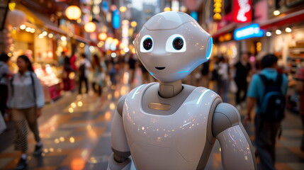 Poster - Robot Standing in Crowded Street