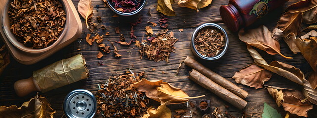 Cigar production.. Tobacco and cigar making equipment are beautifully laid out on a wooden surface.