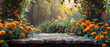 Rustic Autumn Wooden Podium with Colorful Foliage