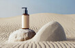 砂浜に化粧品のボトルとベージュの石。 3Dレンダリング。製品プレゼンテーション用のモックアップ。