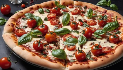 Wall Mural - Margherita pizza topped with cherry tomatoes and basil, showcasing the vibrant colors and textures of the fresh ingredients AI generation