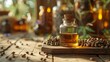 A small glass bottle of hemp oil on a wooden table. Golden light. Cannabis seeds