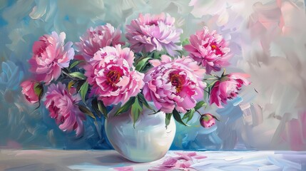 Sticker - Pink peony flowers arranged in a white vase. Oil painting illustration