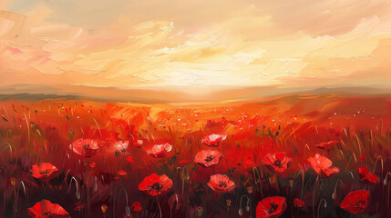 Fototapete - This is an oil painting of a poppy field. Sunset over a red field. It is modern art.