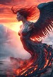 The mythical Phoenix bird morphing into a woman; resilient, feminist, emerging stronger from the ashes. She will overcome adversity, renew, and transform. The instinct of a Mother, exemplified.