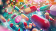 Scattered colorful pills and capsules in various shapes falling on a illustration background