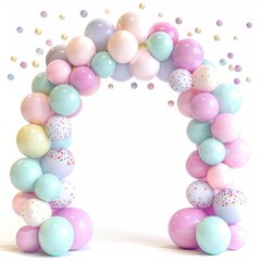 Poster - Party balloon arch in a birthday party theme with pastel colors on a white background.