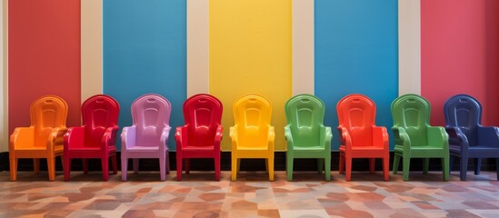 Sticker - Vibrantly colored chairs are neatly arranged along a wall inside a room adorned with bright hues