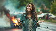 Silly Young woman walking away from car crash gesturing innocence