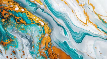 Poster - An abstract painting with beautiful marble texture. Great for wallpapers, posters, cards, invitations, and websites. Turquoise and gold paints on white paper.