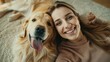Smiling young woman snuggling to furry friend and taking selfie on smartphone. Saving memories with pet concept.