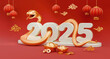 Snake is a symbol of the 2025 Chinese New Year. 3d render illustration of Snake writhing around the numbers 2025, gold ingot Yuan Bao, chinese lantern, coins. Zodiac Sign Snake, concept lunar calendar