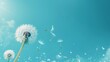 Dandelion / pusteblume seeds blowing in the wind, blurry blue sky background, copy and text space, 16:9