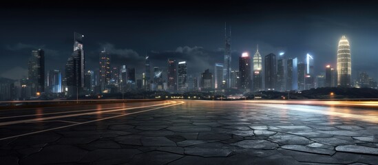 Empty side view asphalt with modern city skyline , night scene