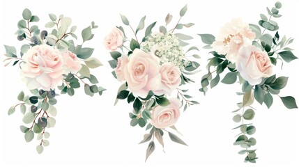 Wall Mural - Rose and sage greenery bouquets, ivory peonies, hydrangea, ranunculus flowers, eucalyptus leaves, and leaves of eucalyptus in pastel pastel watercolor style. All elements are isolated and editable.