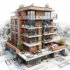 Fototapete - residential building architecture project with mock up and blueprints