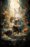 Fototapeta Młodzieżowe - Acrylic Fantasy Painting of Girl and Fox