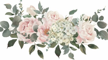 Poster - Modern garland wedding bouquet with pastel pink and cream roses, peonies, hydrangeas, and tropical leaves. Eucalyptus, greenery. Floral pastel watercolor style. Spring bouquet.Elements are isolated