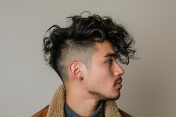 Wall Mural - Close-up of a young man with a textured mohawk haircut against a neutral background