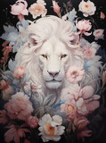 Fototapeta Młodzieżowe - Acrylic Fantasy Painting of White Lion With Flowers