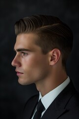 Wall Mural - Profile view of a young man showcasing a neat side part hairstyle, embodying a timeless elegance