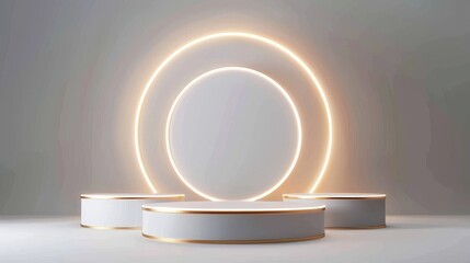 Fototapete - An abstract minimal scene with realistic white, golden 3D cylinder pedestals with glowing circle neon backdrop. Ideal for mockup products, stage shows, or promotion displays.