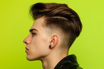 Wall Mural - Profile view of a stylish side part hairstyle on a man against a bright green background