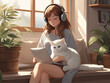 An adorable white cat lying near a laptop and a young girl from work, an anime-style cozy indoor scene.