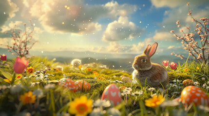 A furry Easter bunny with long ears hides colorful eggs in a green meadow