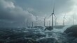 wind farm standing tall on a rugged coastline, the powerful turbines spinning in unison against the vast expanse of the ocean, symbolizing strength and resilience in harnessing