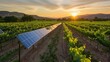 vineyard incorporating solar panels among its grapevines, showcasing sustainable agriculture practices by powering operations with clean energy, under the soft glow of the afternoon sun.