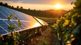 Fototapeta Do akwarium - vineyard incorporating solar panels among its grapevines, showcasing sustainable agriculture practices by powering operations with clean energy, under the soft glow of the afternoon sun.