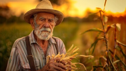 Poster - Crops are held in the hands of a senior farmer in the field