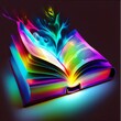 Open book with colorful pages on black background. 3D illustration.