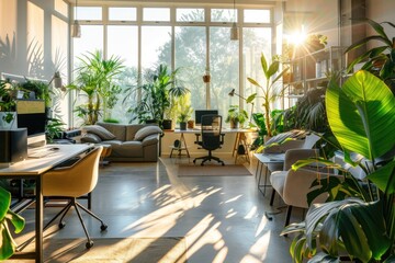 Wall Mural - Open space bright office with lots of green plants and bright sunlight