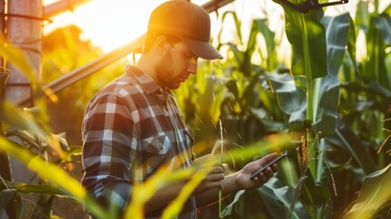 Poster - A young farmer inspects and tunes an irrigation center pivot sprinkler system on their smartphone in a cornfield.