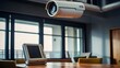 A close-up view of a modern CCTV security camera installed above a wooden table in a living room. The camera is depicted in a futuristic and stylized manner, highlighting its role in recording and mon