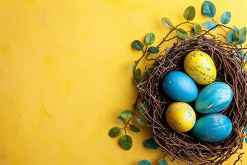 Colorful easter eggs in nest on yellow background with copy space