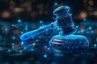 high tech blue Digital gavel surrounded by digital data on blue bokeh background , representing the role of AI in business justice. judge hammer. 