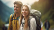 © DigitalDreamscape - Happy young couple travel and hikeing outdoor adventure in summer. Pretty smiling people are active in nature and taking selfie portrait on phone. Cheerful couple enjoying backpacking life