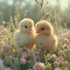 Two yellow chickens in a meadow of flowers. Spring background.