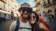 Happy young couple travel and hikeing outdoor adventure in summer. Pretty smiling people are active in nature and taking selfie portrait on phone. Cheerful couple enjoying backpacking life