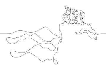 Wall Mural - Tourists to the top. Group climbing in the mountains. Mountain landscape. One continuous line . Line art. Minimal single line.White background. One line drawing.