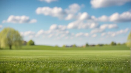 Beautiful summer natural landscape with lawn and blue sky with white clouds with light fog, shallow depth of field, Panoramic spring background.