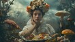 A surreal photography of lady woman sitting on the table have a dinner meal